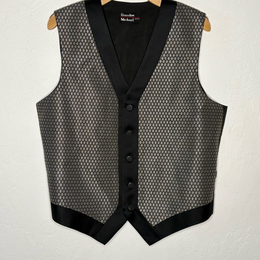 Vintage Brandon Michael Mens M Vest Silver Black Geometric Prom Retro 90s 80s